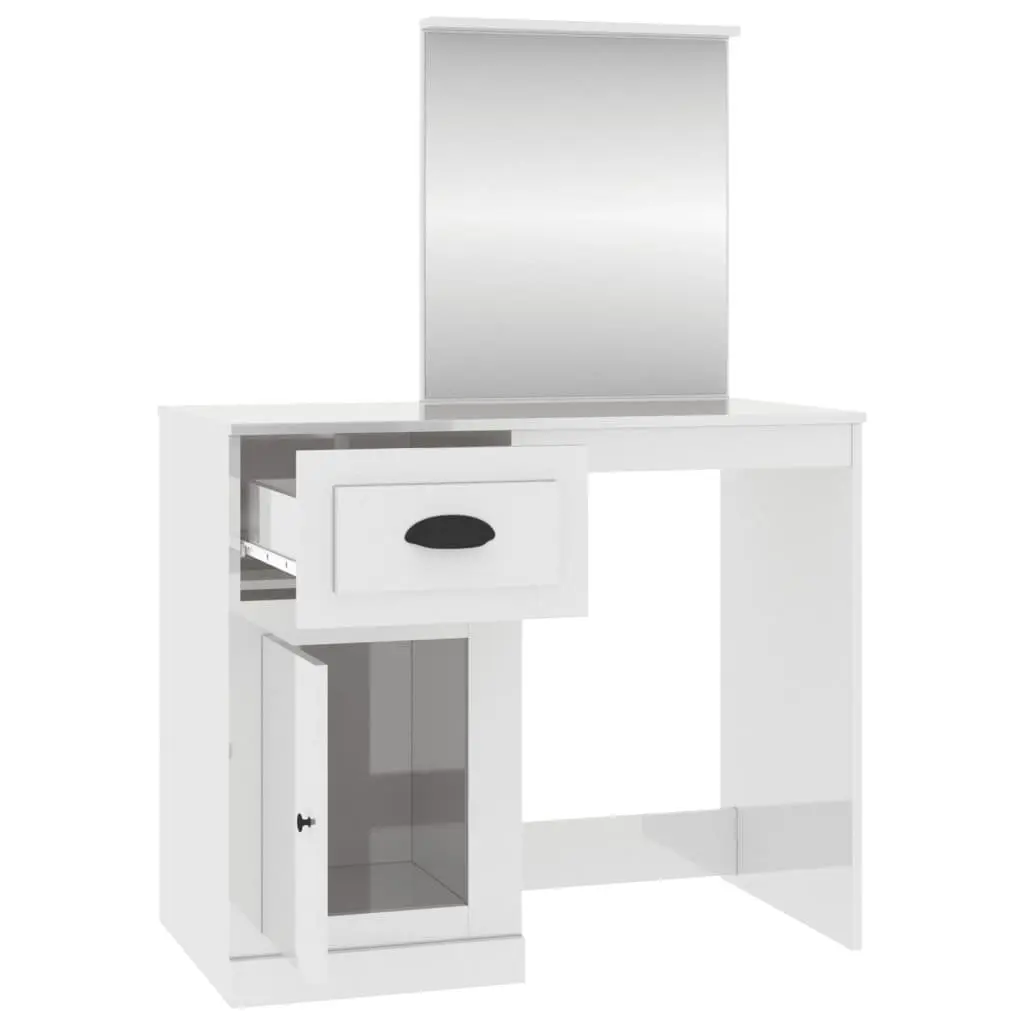 Dressing Table with Mirror Storage White High Gloss 90W x 50D x 132.5H cm