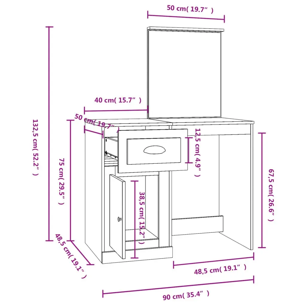Dressing Table with Mirror Storage White High Gloss 90W x 50D x 132.5H cm