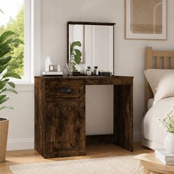 Brown Vanity Table with Mirror and Storage Features