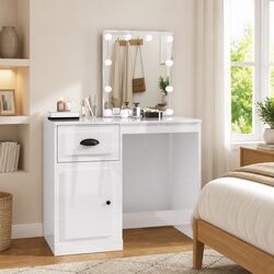 Dressing Table with Integrated LED Mirror in White High Gloss