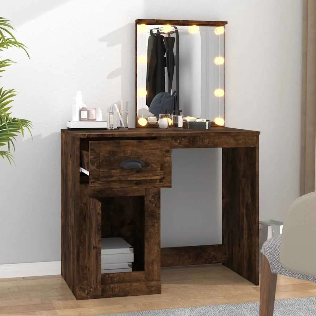 Dressing Table with LED Mirror Storage Smoked Oak Bedroom Vanity 90 x 50 x 132.5 cm