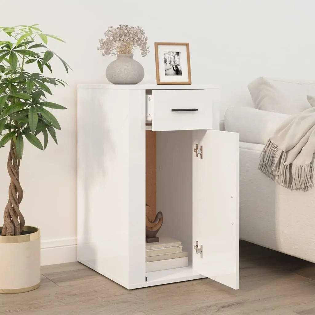 High Gloss White Desk Cabinet Storage Unit 40x49x75cm 1 Drawer 1 Door Engineered Wood