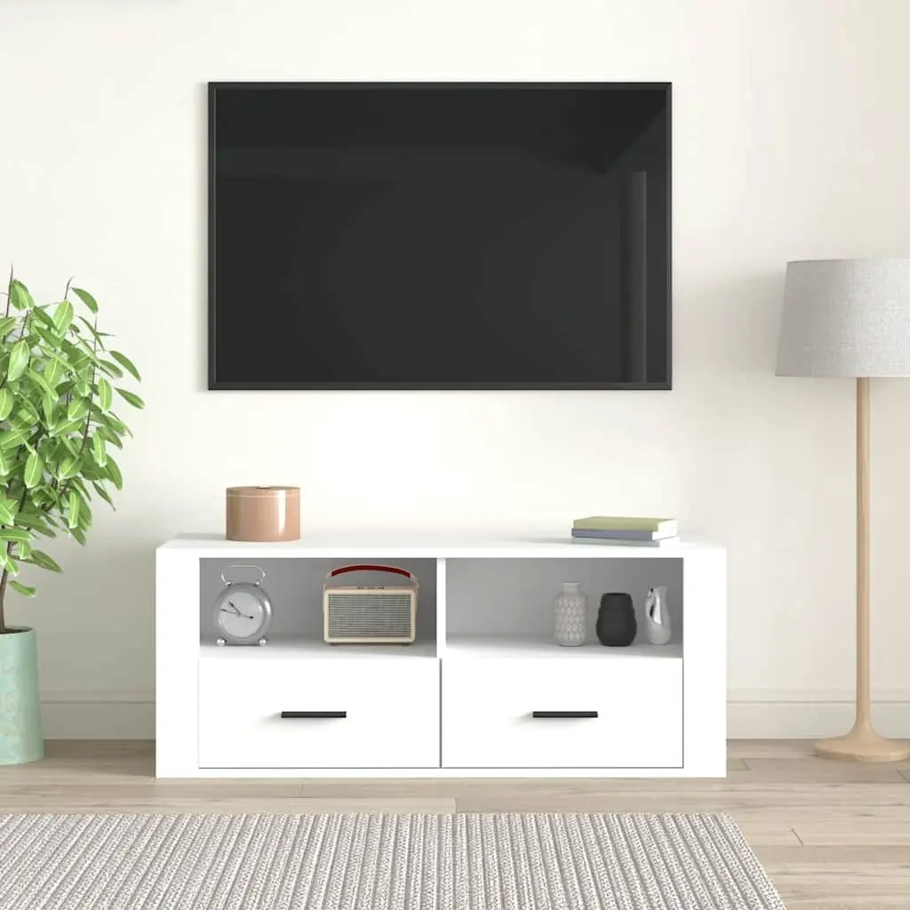 TV Cabinet White Engineered Wood 100x35x40 cm Media Storage Unit with Drawers and Compartments