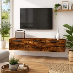 Floating Wall Cabinet with Storage in Brown Finish