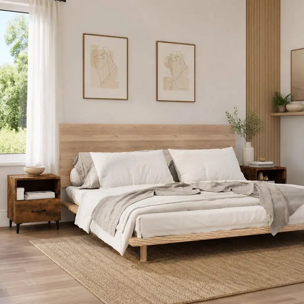 Bedside Cabinets 2 Piece Engineered Wood Nightstands Brown with Drawers and Shelves Storage