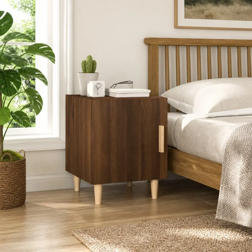 Bedside Table with Storage Door Engineered Wood Brown