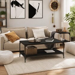 Black Coffee Table with Engineered Wood and Steel Frame