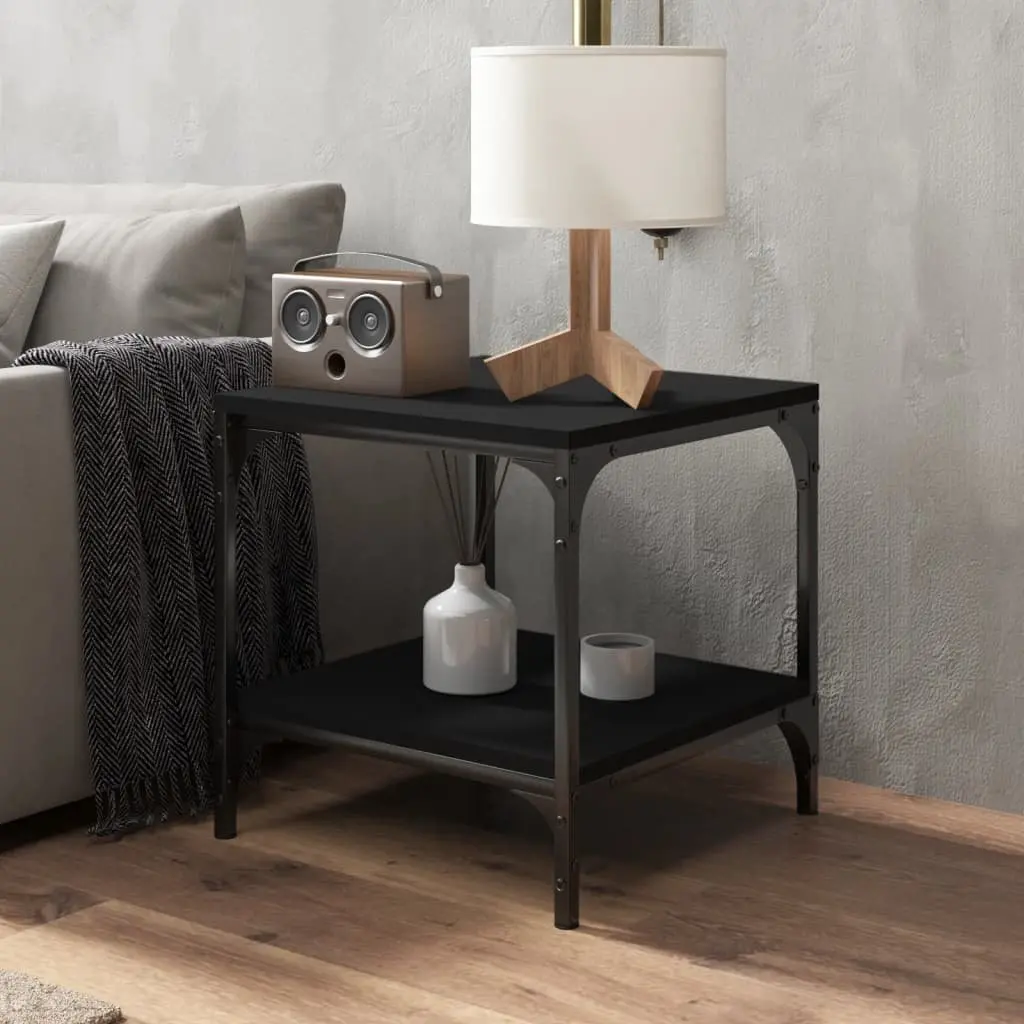 Black Side Table Engineered Wood Steel Frame 40cm Square Industrial Style