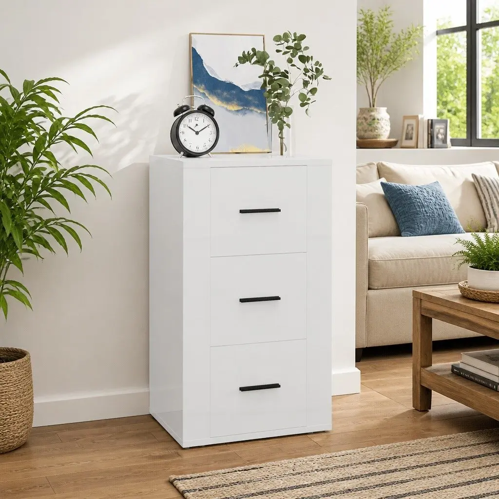 Sideboard Cabinet High Gloss White 40x33x70cm Engineered Wood Storage with 3 Drawers