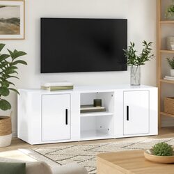 Engineered Wood TV Cabinet in High Gloss White with 4 Compartments