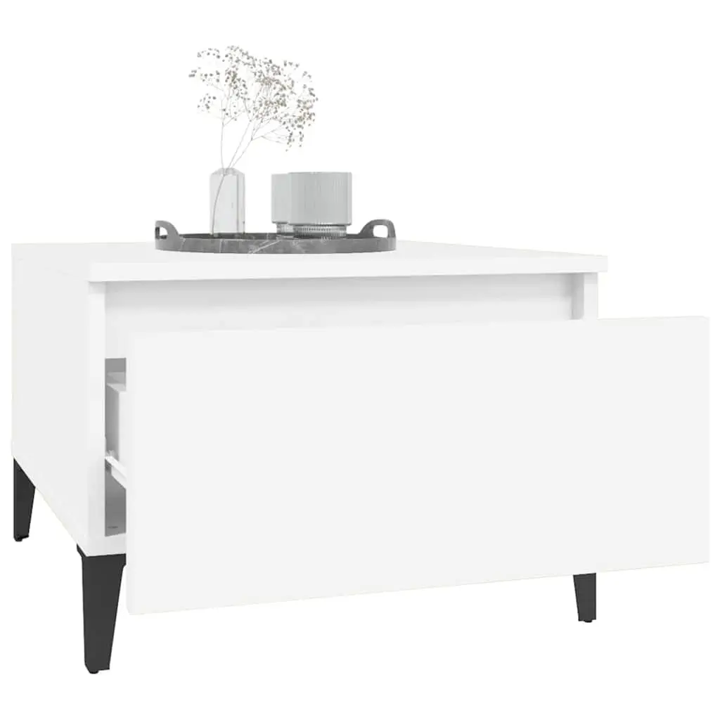 White Side Table with Drawer Storage Engineered Wood Metal Feet Living Room Accent