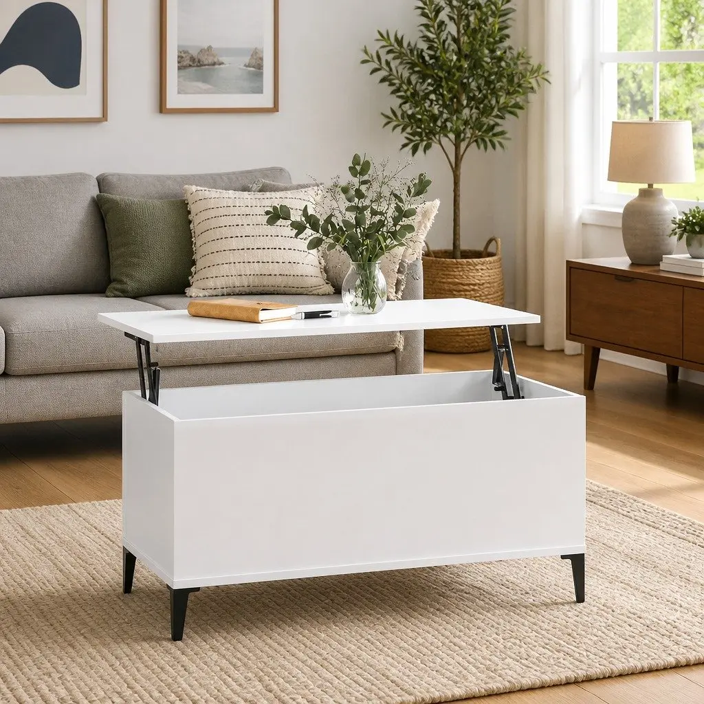 Lift Top Coffee Table White High Gloss 90x44.5x45cm with Storage Compartment