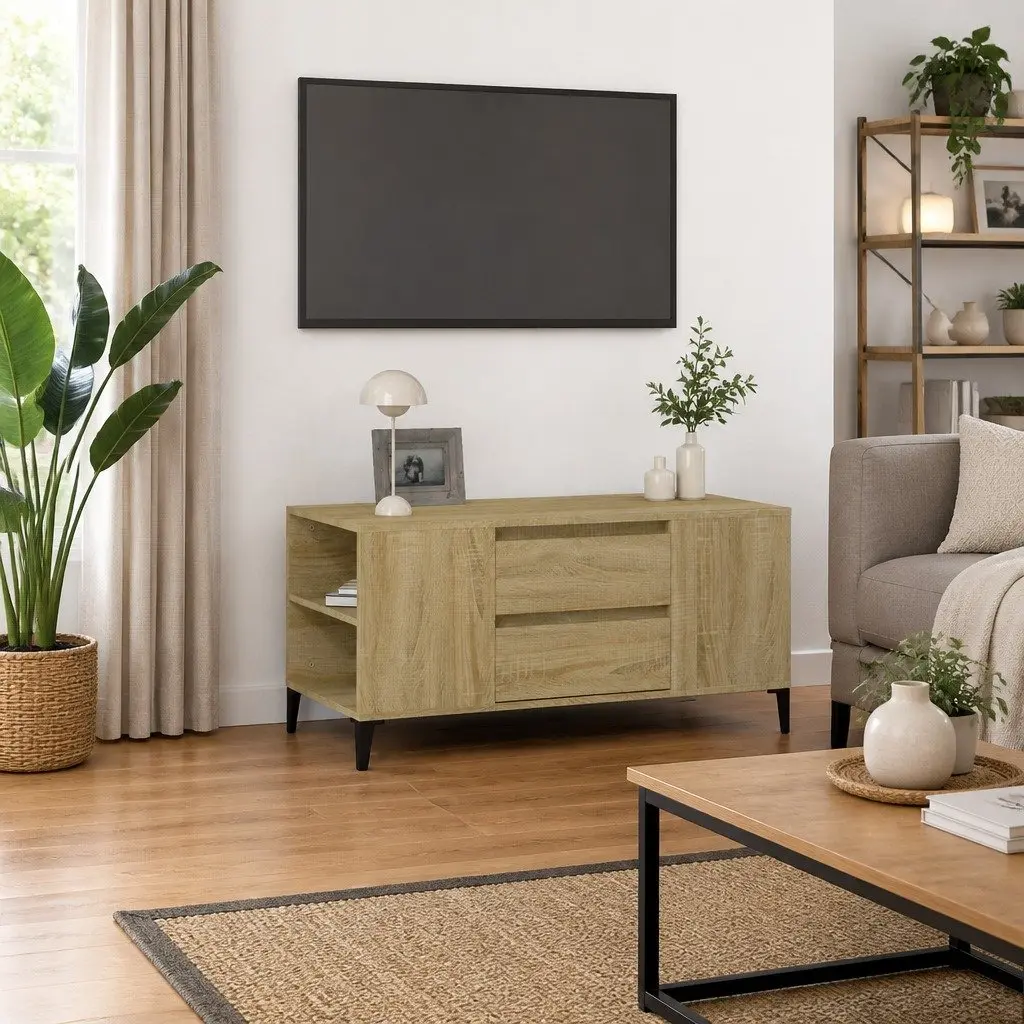 TV Cabinet Engineered Wood Storage Unit with Drawers 102cm Brown Sonoma Oak