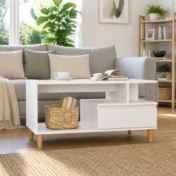 Engineered Wood Coffee Table White 90x49x45 cm with Drawer