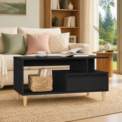 Black Engineered Wood Coffee Table with Drawer and Compartments