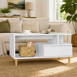 White Engineered Wood Coffee Table with Drawer and Shelves