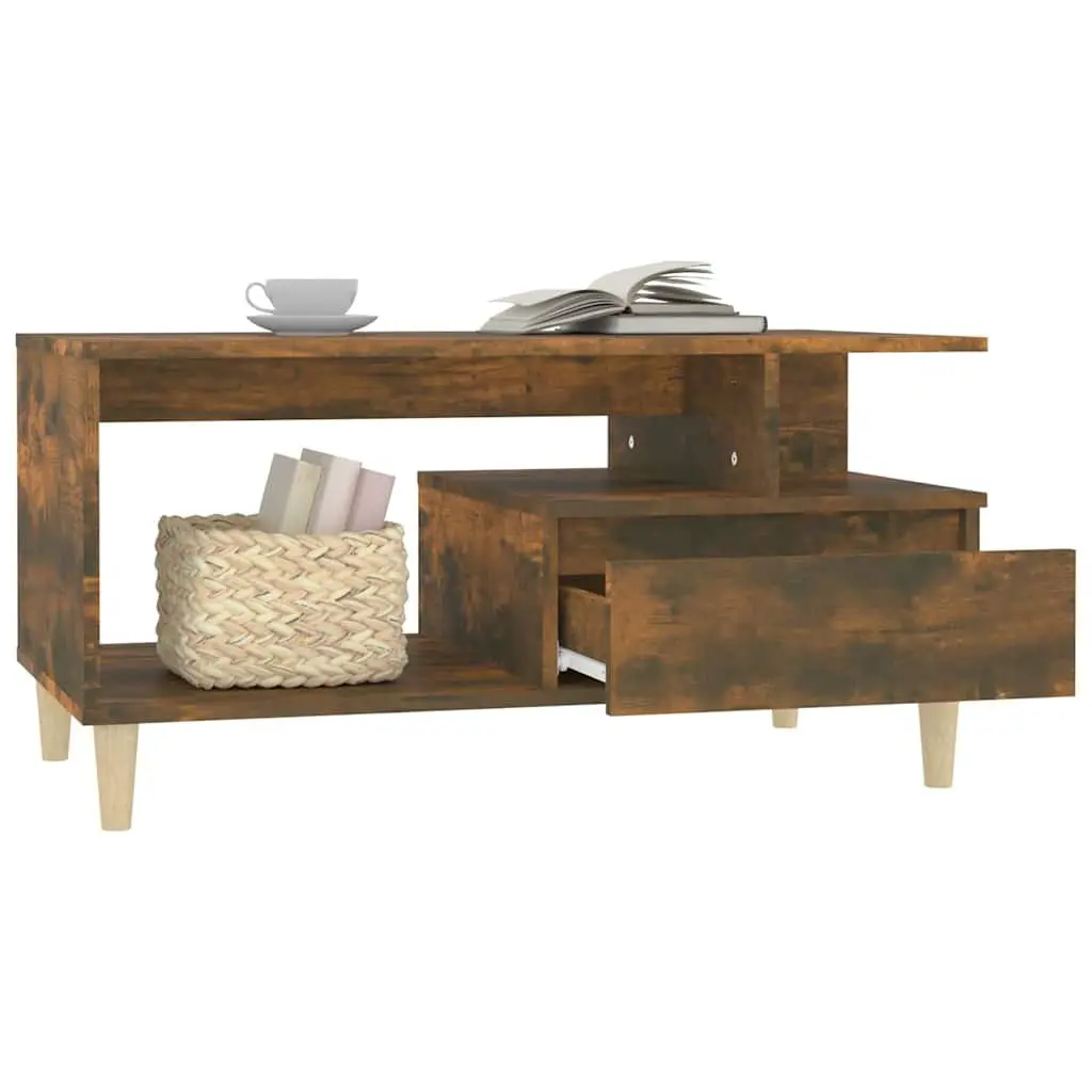 Coffee Table with Drawer Storage Open Compartment 90L x 49W x 45H cm Smoked Oak