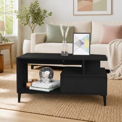 Black Engineered Wood Coffee Table with Metal Feet
