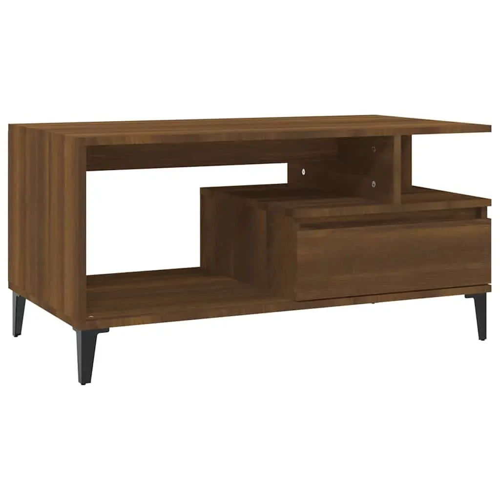 Coffee Table Engineered Wood Brown Oak 90x49x45 cm Storage Display with Metal Feet