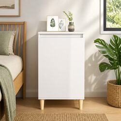 White High Gloss Bedside Cabinet with Wooden Legs