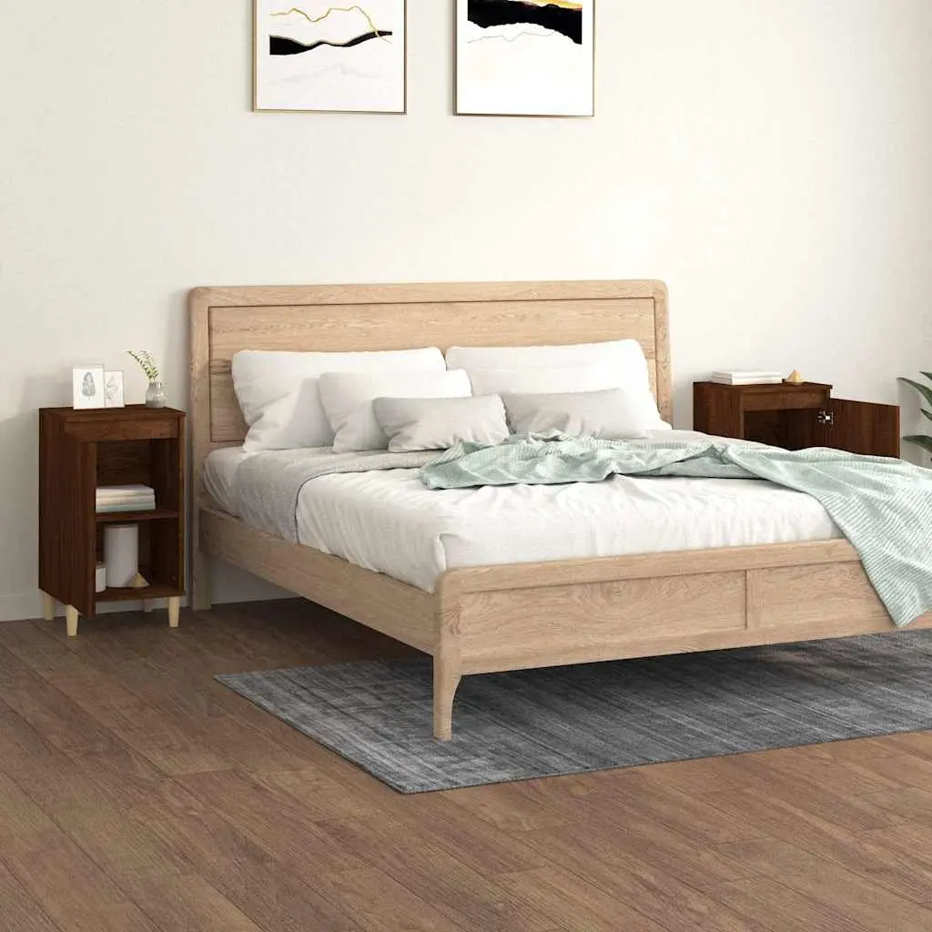 Bedside Cabinet Storage 2 Compartments Brown Oak Engineered Wood Nightstand