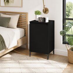 Black Engineered Wood Bedside Cabinet with Metal Legs
