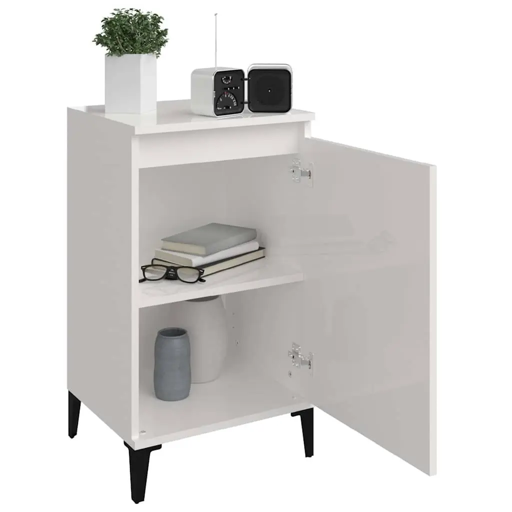 Nightstand White High Gloss Engineered Wood 40x35x70cm Storage Cabinet with Metal Legs