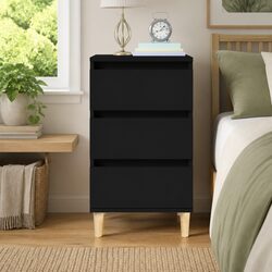 Engineered Wood Black Nightstand with 3 Drawers