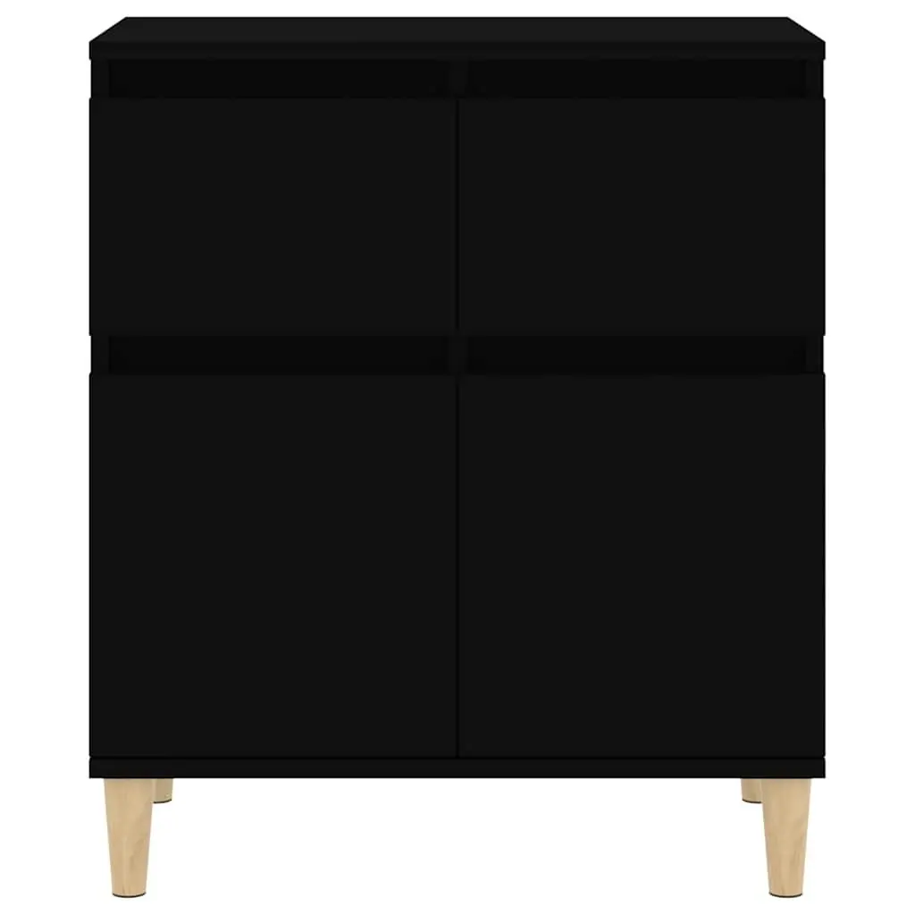 Black Sideboard Storage Cabinet 60x35x70cm with 2 Doors and 2 Drawers Engineered Wood with Solid Eucalyptus Feet for Living Room or Kitchen