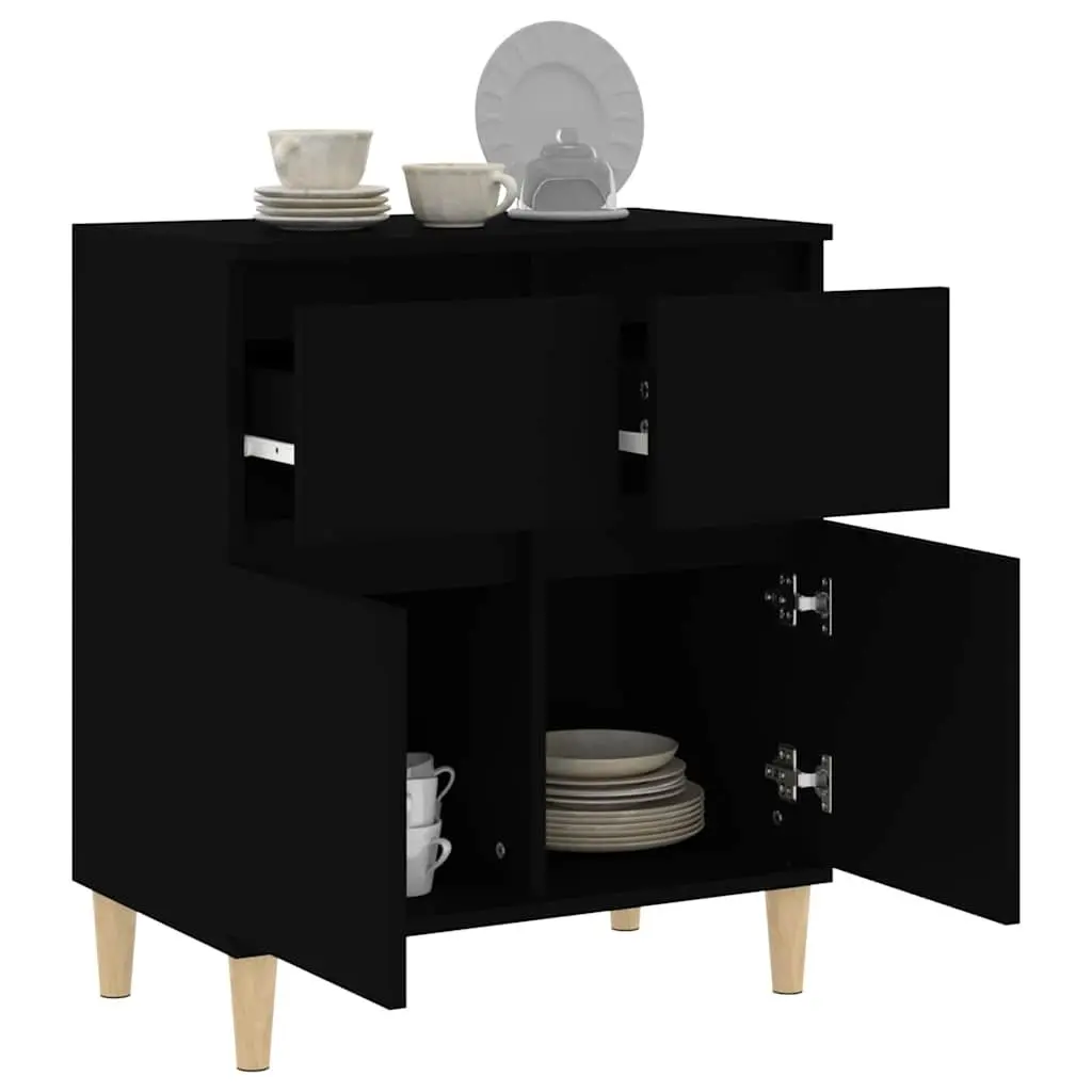 Black Sideboard Storage Cabinet 60x35x70cm with 2 Doors and 2 Drawers Engineered Wood with Solid Eucalyptus Feet for Living Room or Kitchen