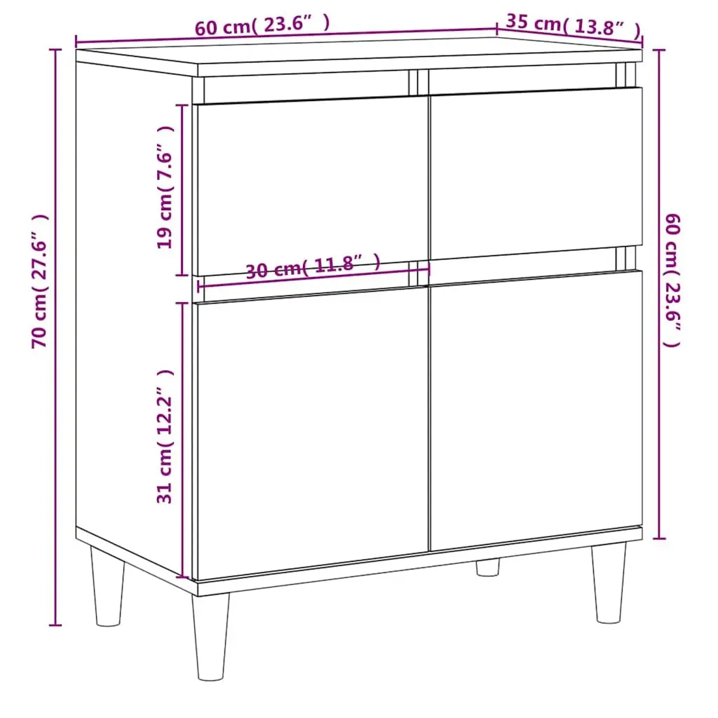 Black Sideboard Storage Cabinet 60x35x70cm with 2 Doors and 2 Drawers Engineered Wood with Solid Eucalyptus Feet for Living Room or Kitchen