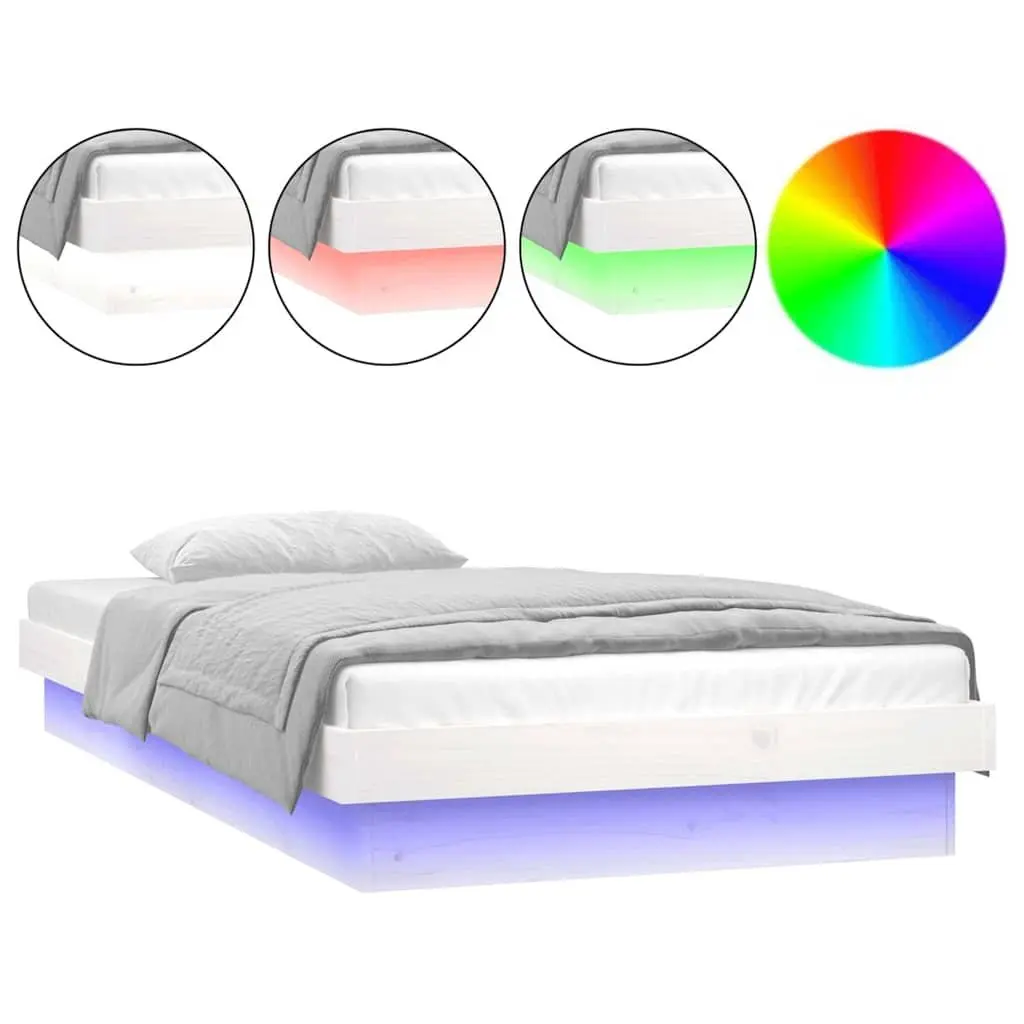 LED Bed Frame with Remote Control Lights 90x190cm White Solid Pine Wood Slatted Base