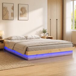 LED Bed Frame 135x190 cm Solid Pine Wood Construction