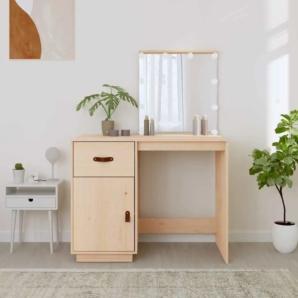 Dressing Table with LED Mirror Brown Solid Pine Wood Vanity Desk
