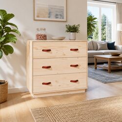 Solid Pine Wood Sideboard Cabinet, Brown Finish, 3 Drawers
