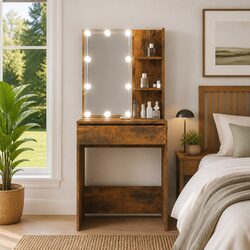 Dressing Table with Storage and LED Mirror, Smoked Oak Finish