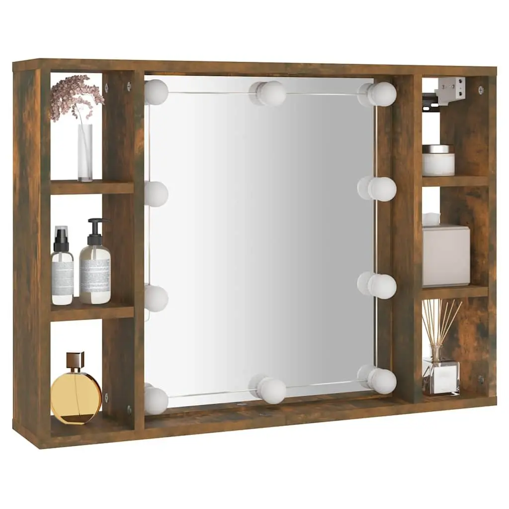 Mirror Cabinet LED Lights Wall-Mounted Storage Organizer Brown 76 x 15 x 55 cm