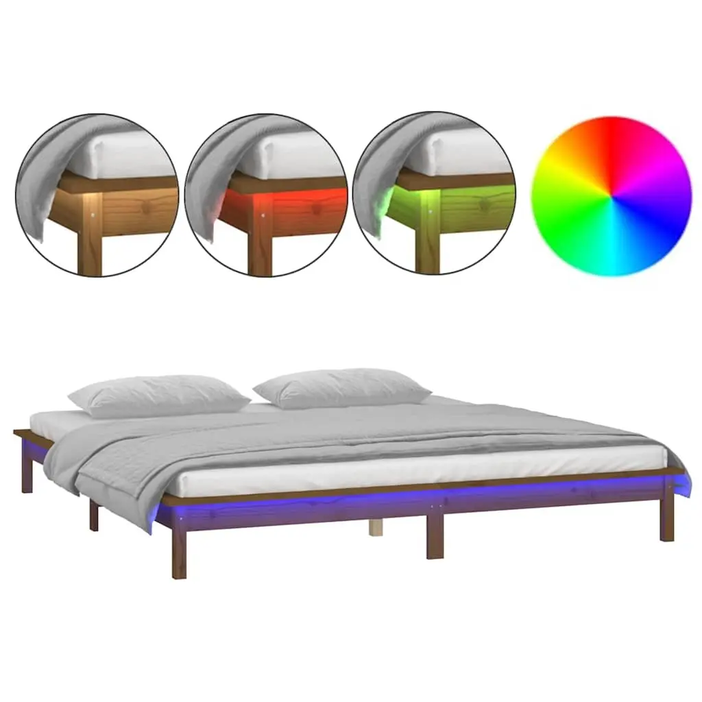Solid Pine Wood Bed Frame Honey Brown with LED Lighting 135x190 cm Rustic Style