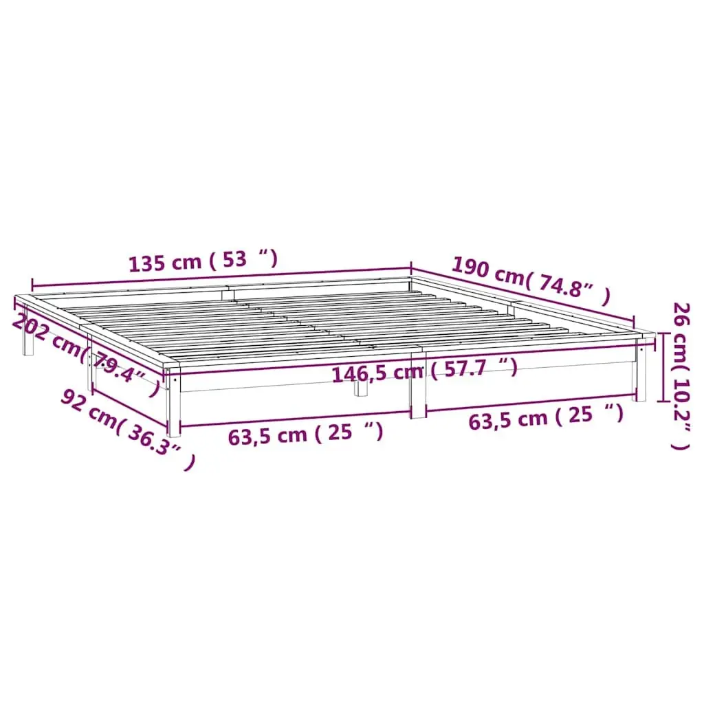 Solid Pine Wood Bed Frame Honey Brown with LED Lighting 135x190 cm Rustic Style