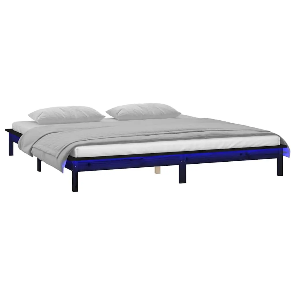 Solid Wood Bed Frame with Colourful LED Lights 135x190 cm Black for Bedroom Furniture