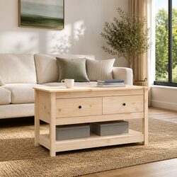 Solid Pine Wood Coffee Table with Drawers and Shelf