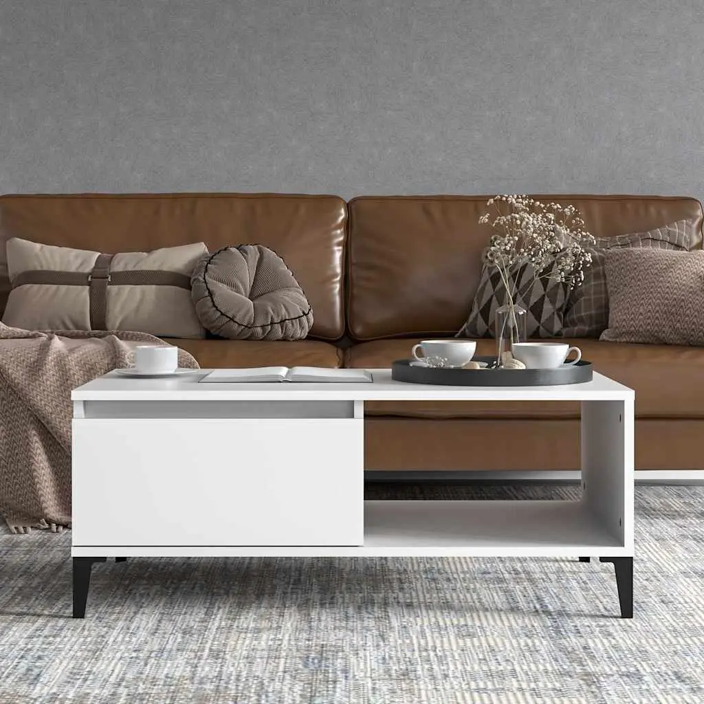 Coffee Table with Open Compartment and Drawer White 90Lx50Wx36.5Hcm Engineered Wood Home Living Room Furniture