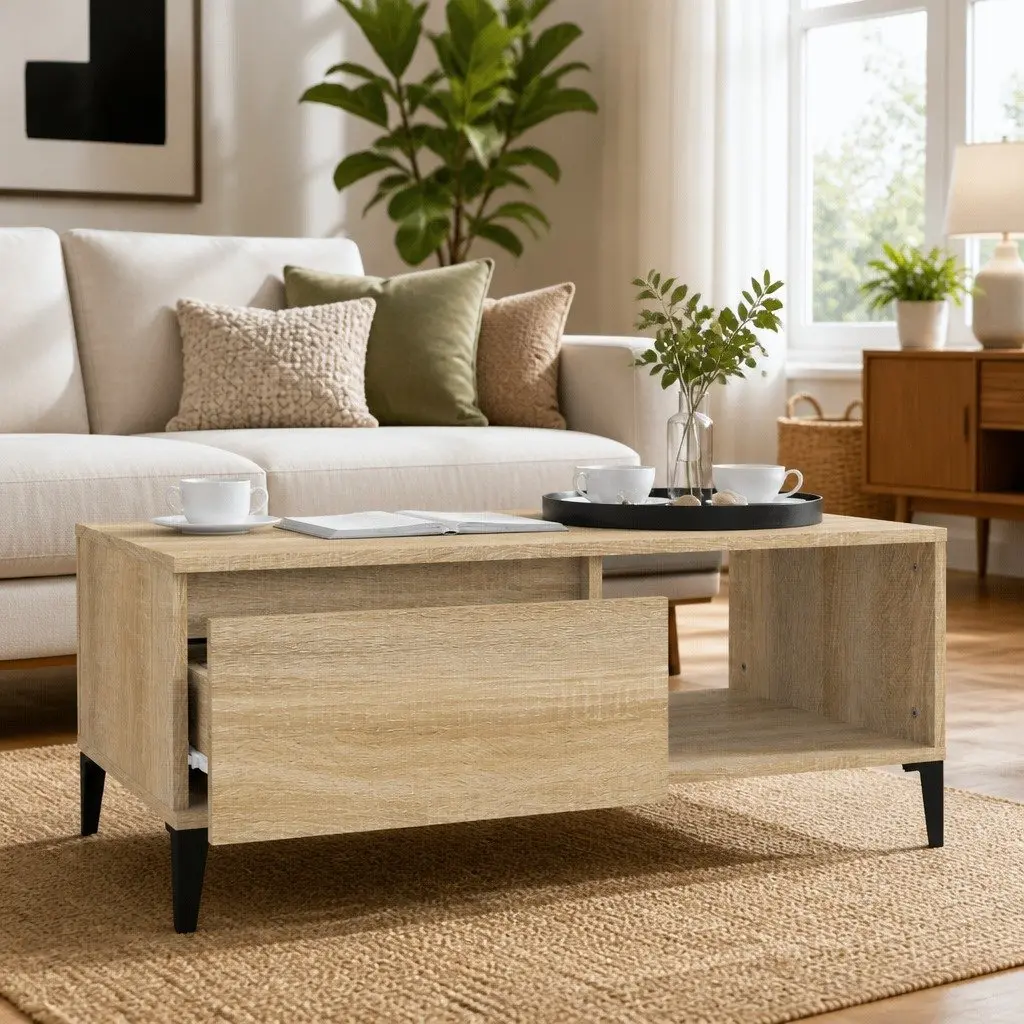 Coffee Table Storage Drawer Open Compartment Engineered Wood Brown