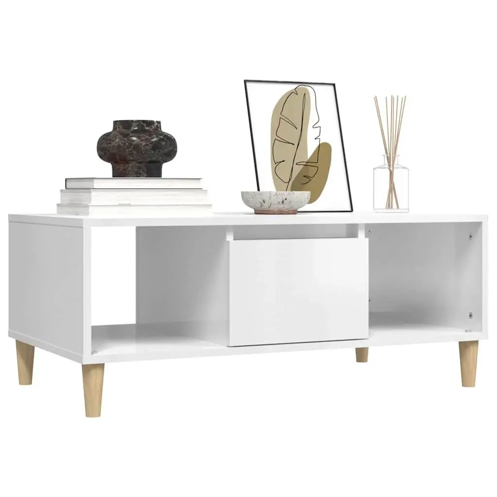 Coffee Table High Gloss White 90L x 50W x 36.5H cm with Storage Compartments and Drawer Engineered Wood