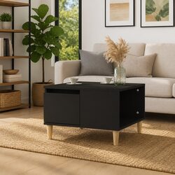 Black Coffee Table with Open Compartment and Drawer, 55x55x36.5cm