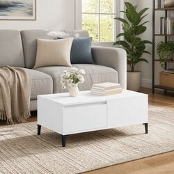 White Engineered Wood Coffee Table with Drawer 90x50cm