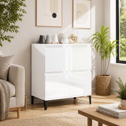 White High Gloss Sideboard Engineered Wood Storage Cabinet