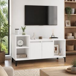 Engineered Wood White TV Cabinet with Multiple Compartments
