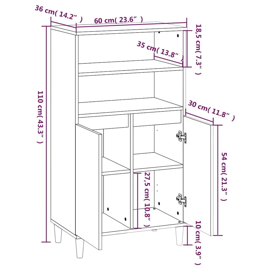 Highboard Storage Cabinet Engineered Wood Grey 60cm Width 36cm Depth 110cm Height