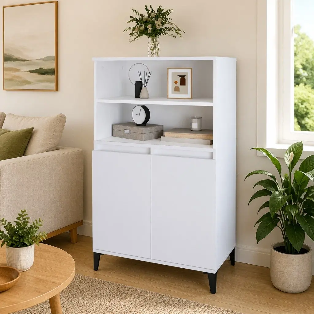Highboard Storage Cabinet with Open Shelves and Compartment Space Engineered Wood White 60x36x110 cm